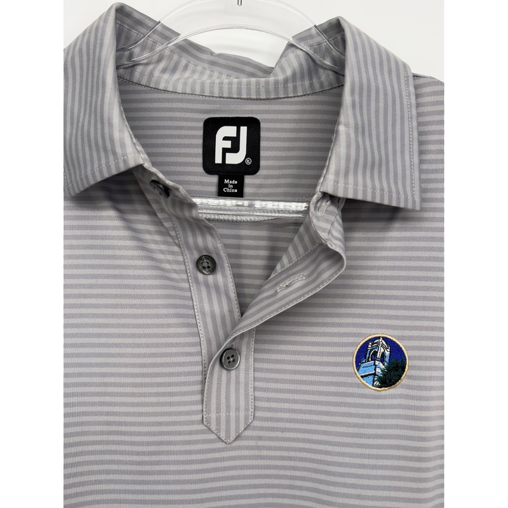 FootJoy Men's XL Gray Stripe Performance Golf Polo Embroidered Club Logo Stretch